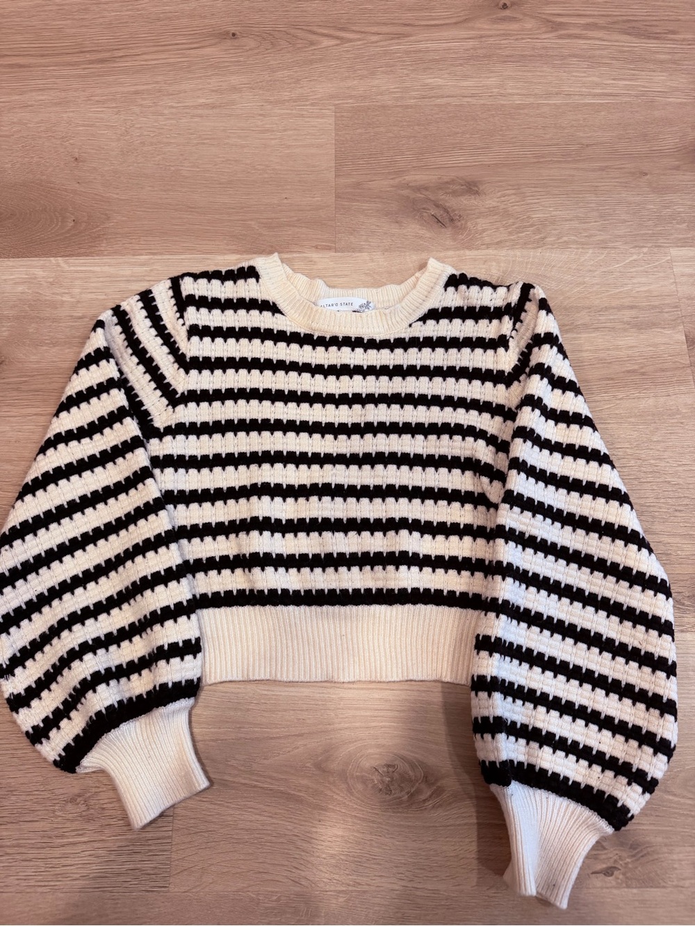 Altar'd State Black and Cream Striped Cropped Crew Sweater